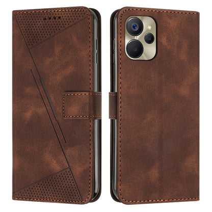 Brown leather flip phone case with perforated triangle panel and card slot; front and back view