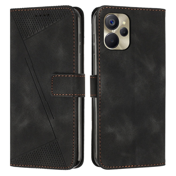 Black leather flip phone case with perforated triangle panel and card slot; front and back view
