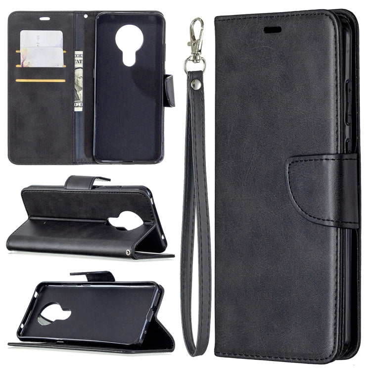 Black PU leather flip wallet phone case with card slots and wrist lanyard, open view