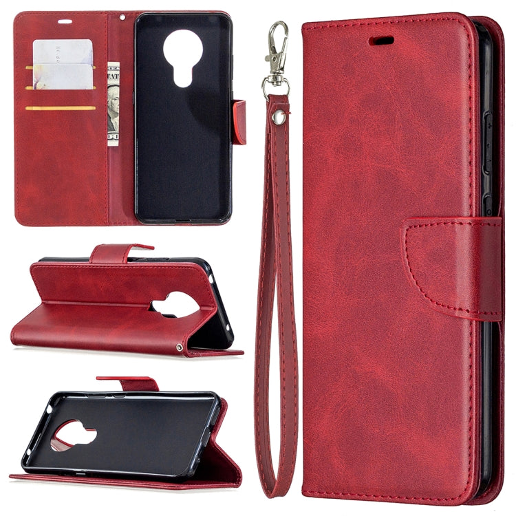 Red flip wallet phone case with card slots and lanyard, PU leather texture, holder.