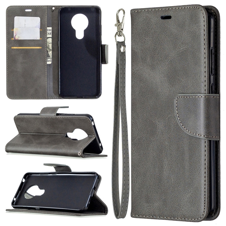 Grey flip wallet phone case with card slots and lanyard, PU leather texture, holder.
