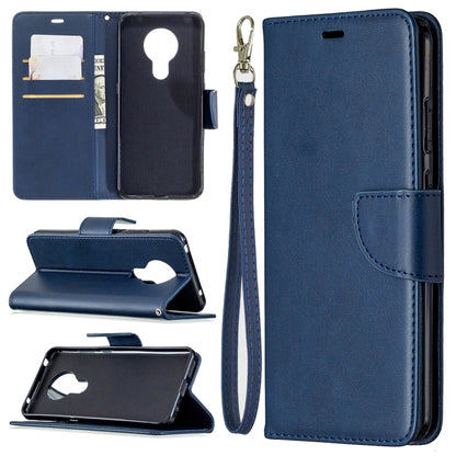 Blue flip wallet phone case with card slots and lanyard, PU leather texture, holder.