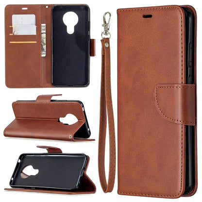 Brown flip wallet phone case with card slots and lanyard, PU leather texture, holder.
