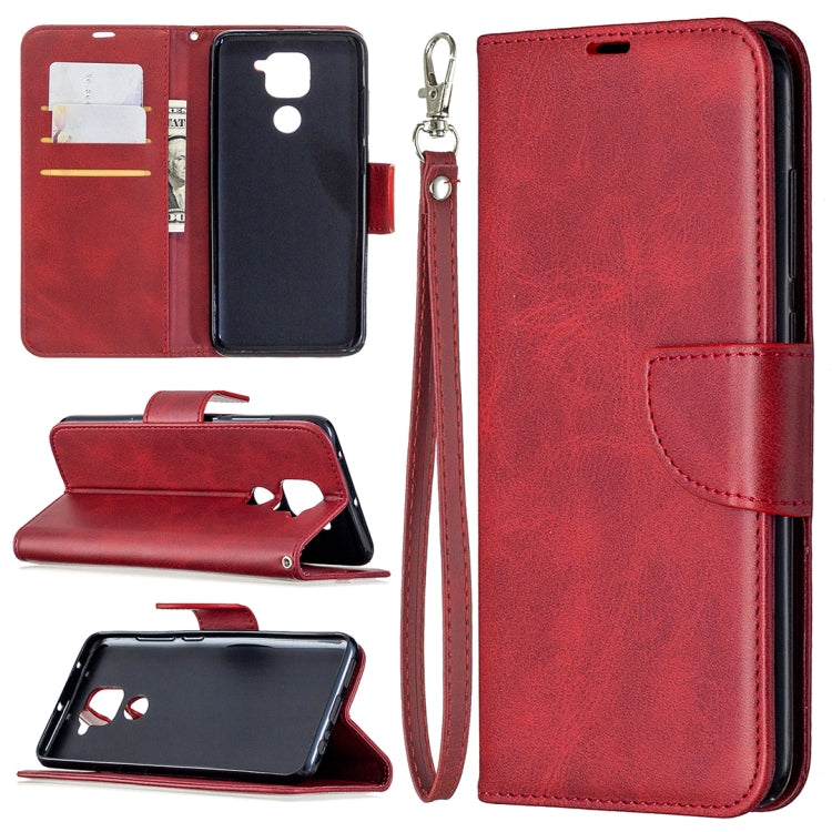 Red PU leather flip wallet phone case with card slots and wrist lanyard, open view