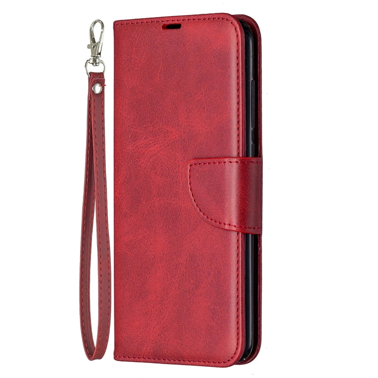 Red PU leather flip wallet phone case with card pocket and wrist lanyard, vertical view