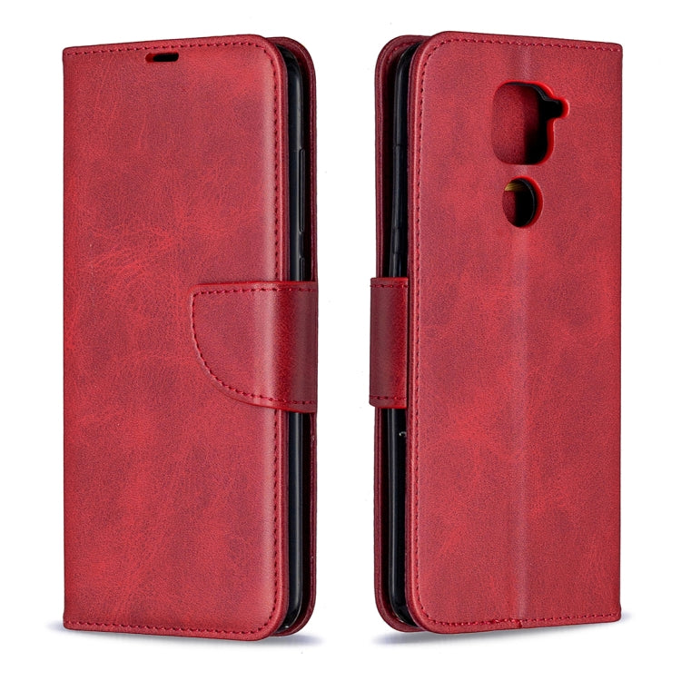Red PU leather flip wallet phone case with card holder and camera cutouts, front and back