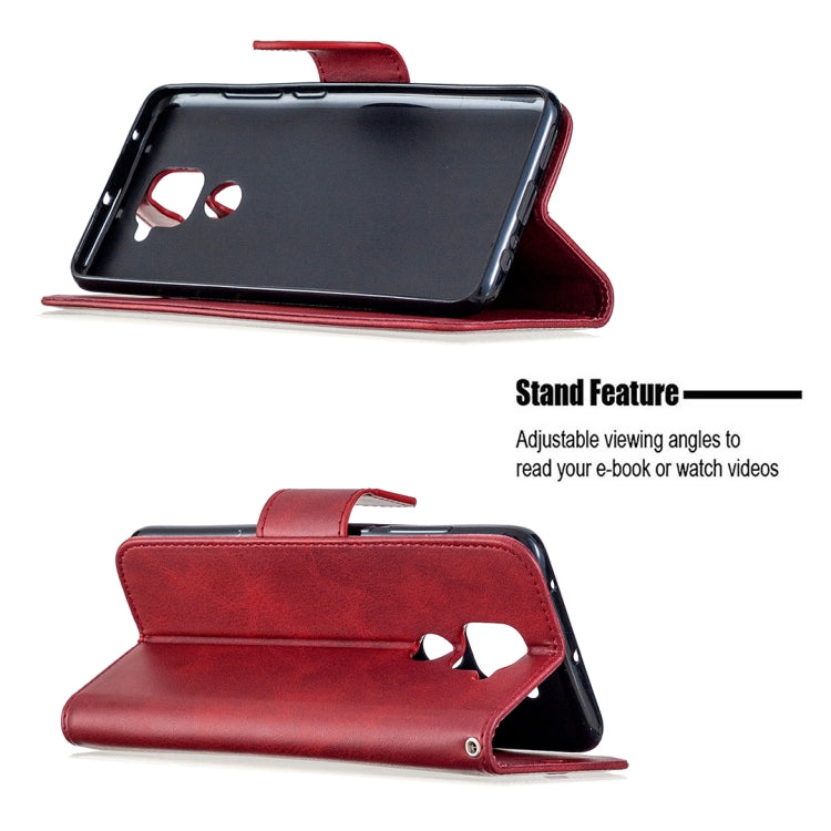 Red PU leather flip wallet phone case with stand feature, viewing angle support