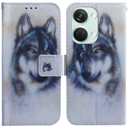 Flip leather phone case with wolf face illustration in light blue and slate gray