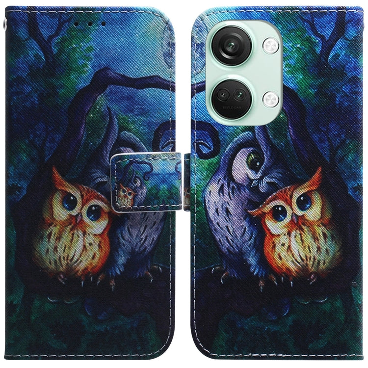 Flip leather phone case with owl illustration in teal, blue, and green tones
