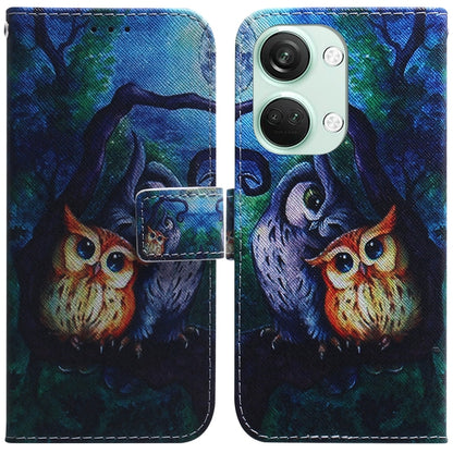 Flip leather phone case with owl illustration in teal, blue, and green tones