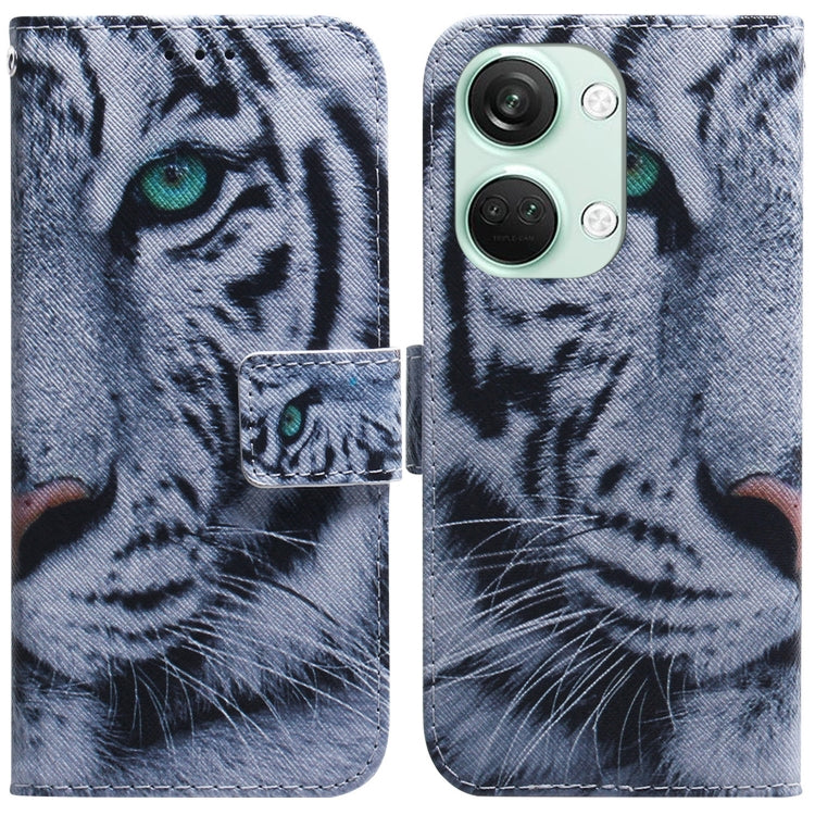Flip leather phone case with tiger face illustration in gray with teal eyes and orange spots