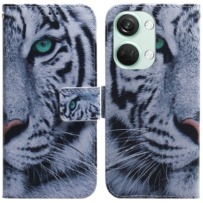 Flip leather phone case with tiger face illustration in gray with teal eyes and orange spots