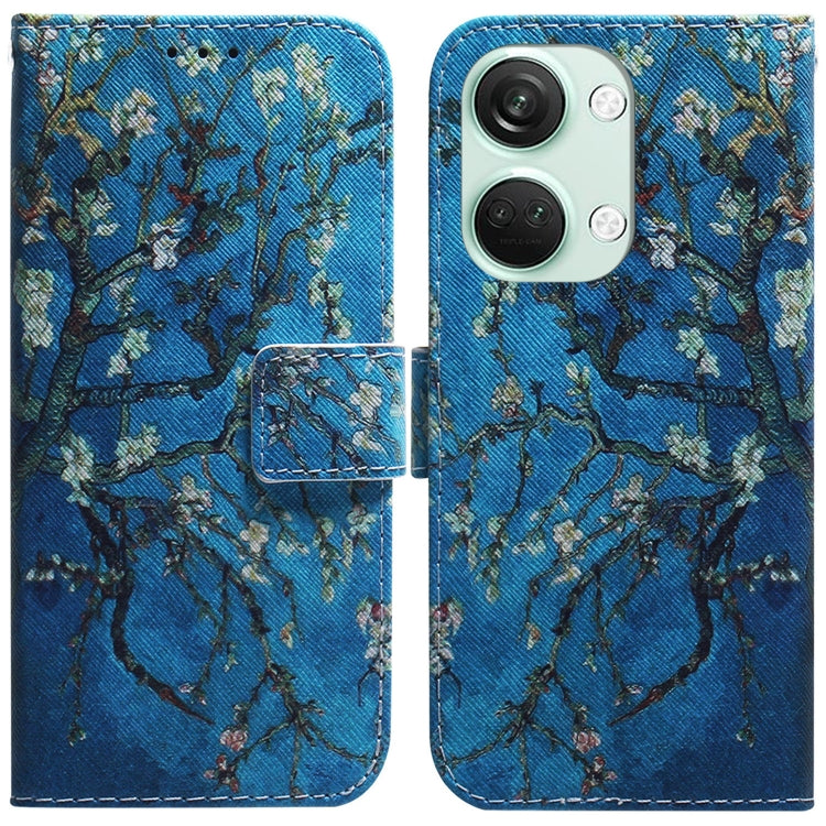 Flip leather phone case with floral branch illustration in blue and teal