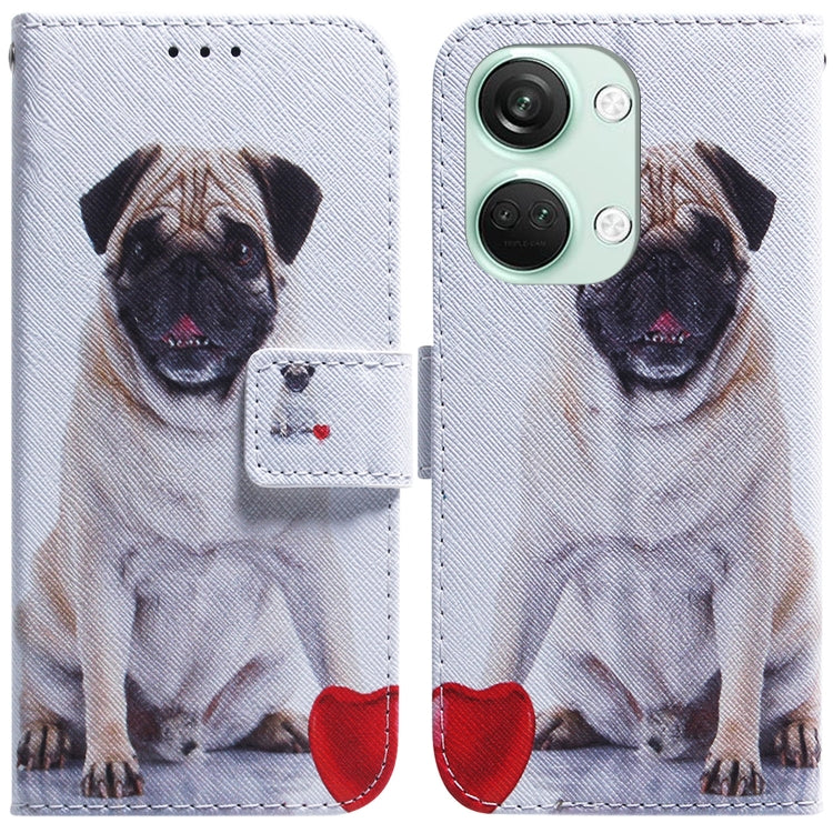 Flip leather phone case with pug dog illustration and red heart accents on white