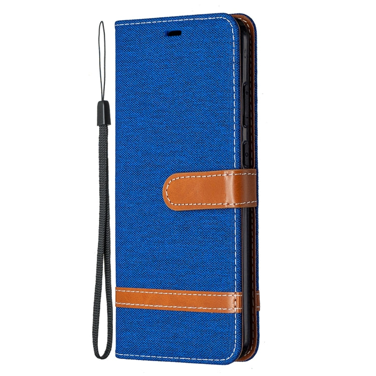 Blue denim flip wallet phone case with card slot and lanyard loop