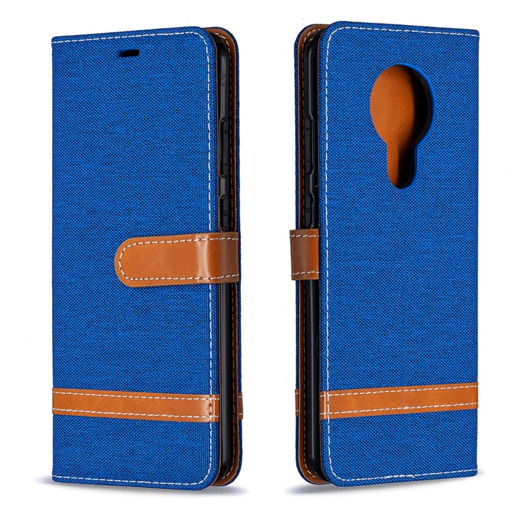 Blue denim flip phone wallet case with card slots and brown horizontal band