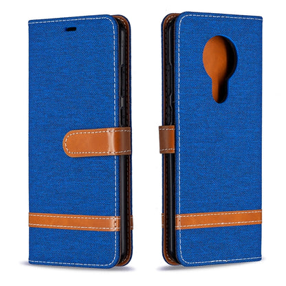 Blue denim flip phone wallet case with card slots and brown horizontal band