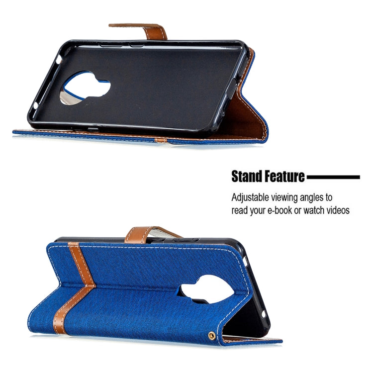 Blue denim flip phone wallet case with flip stand for viewing angles