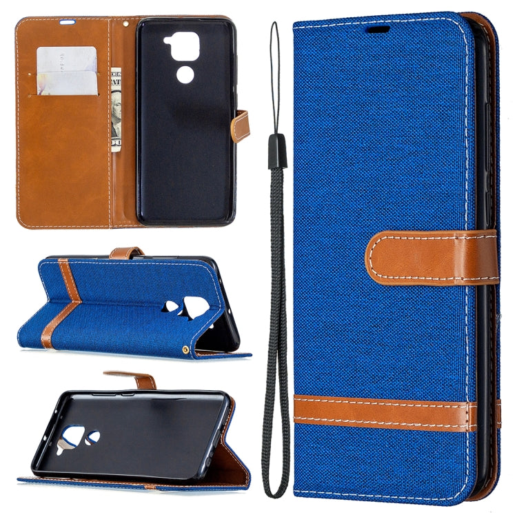 Denim-textured flip phone case with card slots and lanyard, bright blue with tan accents
