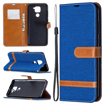 Denim-textured flip phone case with card slots and lanyard, bright blue with tan accents
