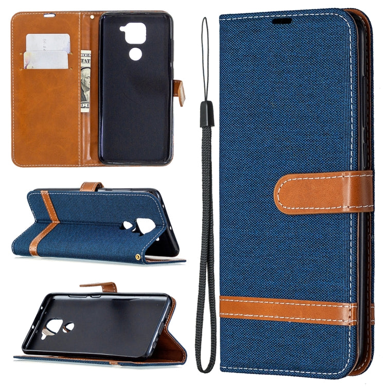 Denim-textured flip phone case with card slots and lanyard, deep blue with tan accents