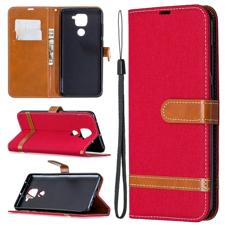 Denim-textured flip phone case with card slots and lanyard, red with tan accents