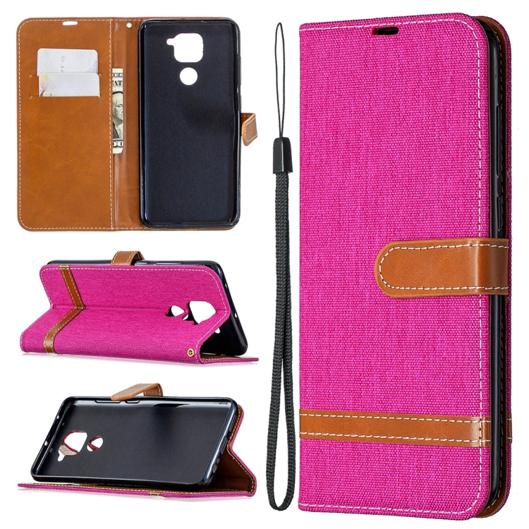 Denim-textured pink flip wallet phone case with card slots and lanyard strap, brown trim
