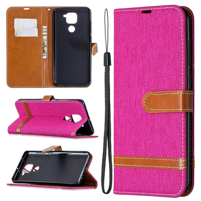 Denim-textured pink flip wallet phone case with card slots and lanyard strap, brown trim