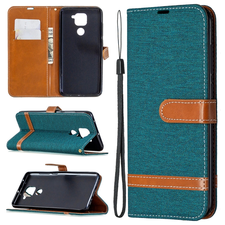 Denim-textured teal flip wallet phone case with card slots and lanyard strap, brown trim