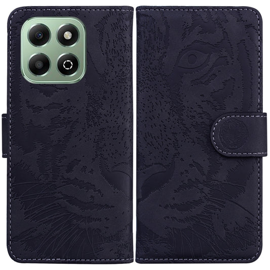 Dark navy flip leather phone case with tiger embossed pattern and round snap strap