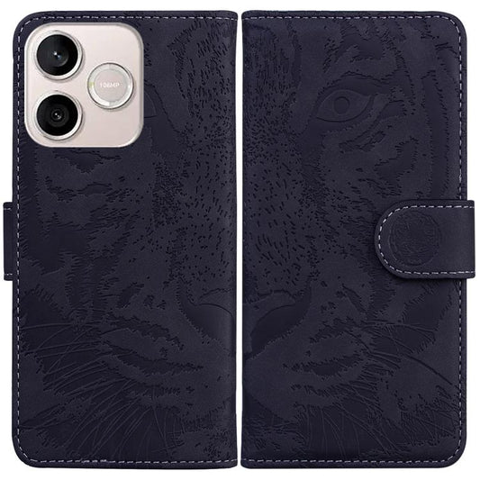 Tiger-embossed flip leather phone case, dark navy with magnetic strap