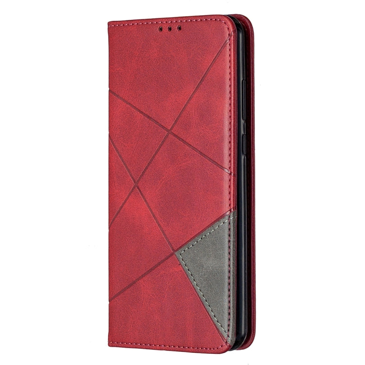 Red leather wallet flip phone case with geometric pattern and phone cutouts for Huawei Y6p