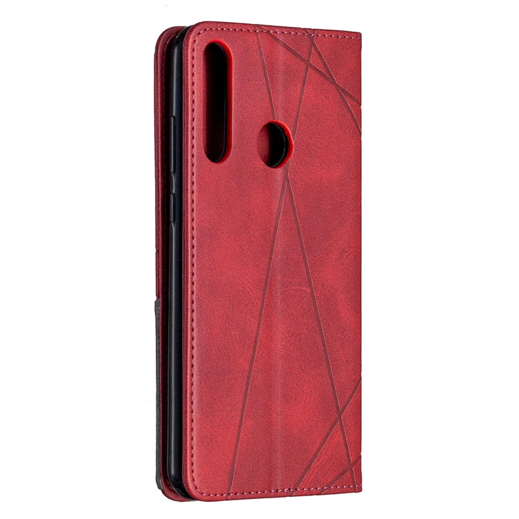 Red leather flip phone case with textured geometric design and side button openings for Huawei Y6p