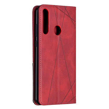 Red leather flip phone case with textured geometric design and side button openings for Huawei Y6p