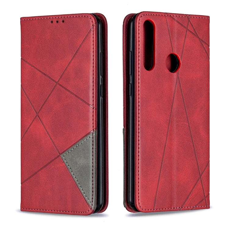 Red leather flip phone case showing front and back with geometric pattern and cutouts for Huawei Y6p