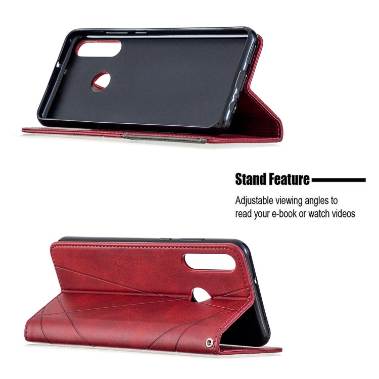 Red leather flip phone case with stand feature and viewing angles for Huawei Y6p