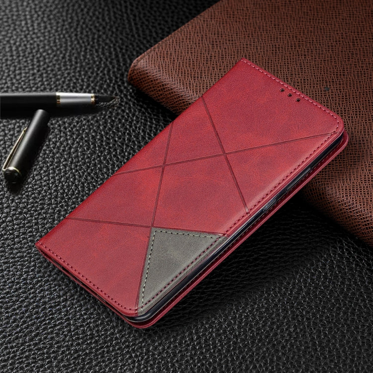 Red leather flip phone case with geometric pattern, card slot window, and gray accent panel for Huawei Y6p