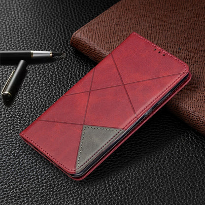 Red leather flip phone case with geometric pattern, card slot window, and gray accent panel for Huawei Y6p
