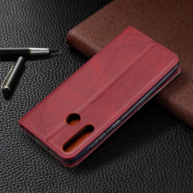 Red leather flip phone case with geometric pattern and front camera/mic cutout for Huawei Y6p