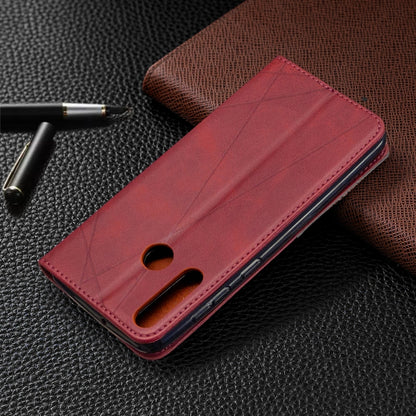 Red leather flip phone case with geometric pattern and front camera/mic cutout for Huawei Y6p