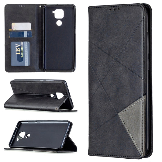 Black flip leather phone wallet case with rhombus texture, card slots, magnetic closure