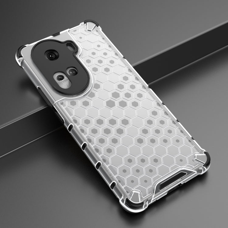 Honeycomb shockproof phone case in white, angled view with textured hex pattern and raised edges