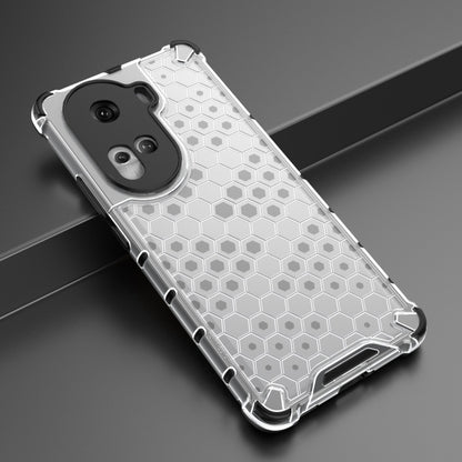 Honeycomb shockproof phone case in white, angled view with textured hex pattern and raised edges