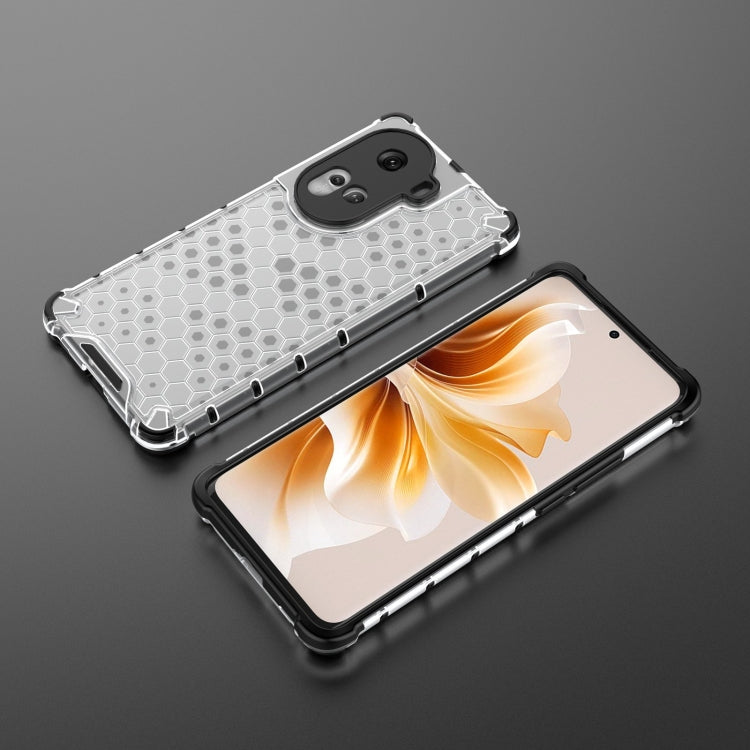 Honeycomb shockproof phone case in white with black sides, showing camera and screen protection