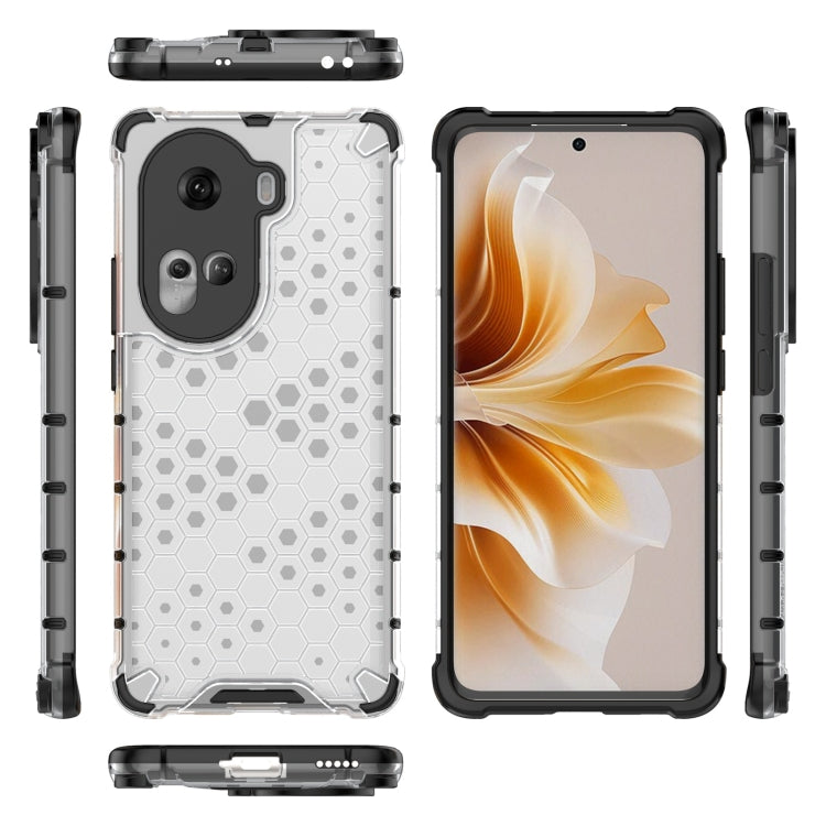 Honeycomb shockproof phone case in white, front and back view with black protective frame