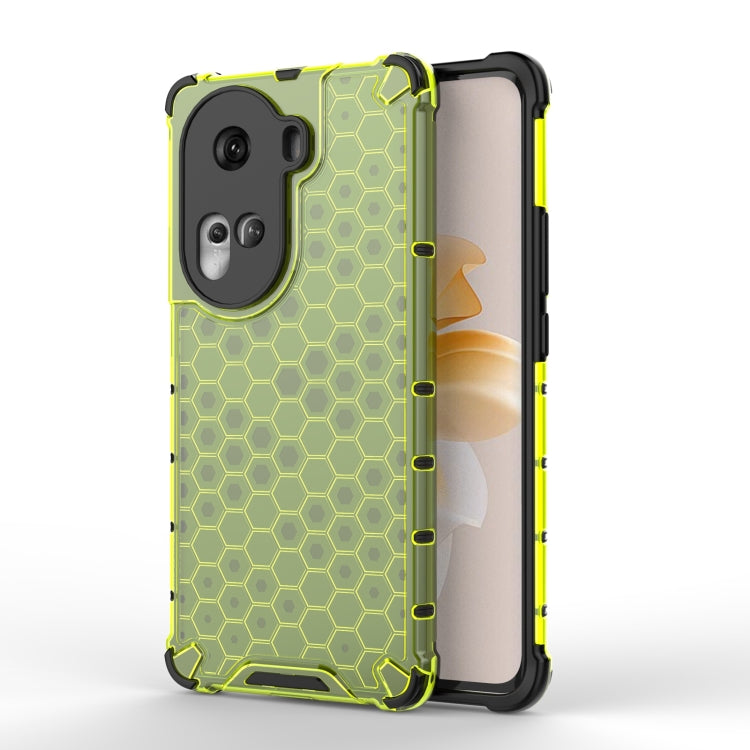 Honeycomb shockproof phone case in green with bright yellow edges, hex pattern and camera cutouts
