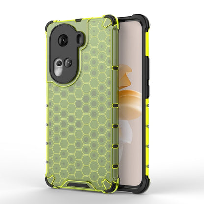Honeycomb shockproof phone case in green with bright yellow edges, hex pattern and camera cutouts