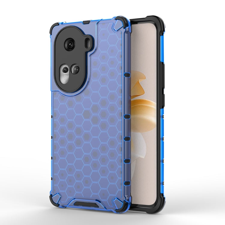 Honeycomb shockproof phone case in blue with blue accents, honeycomb texture and camera openings