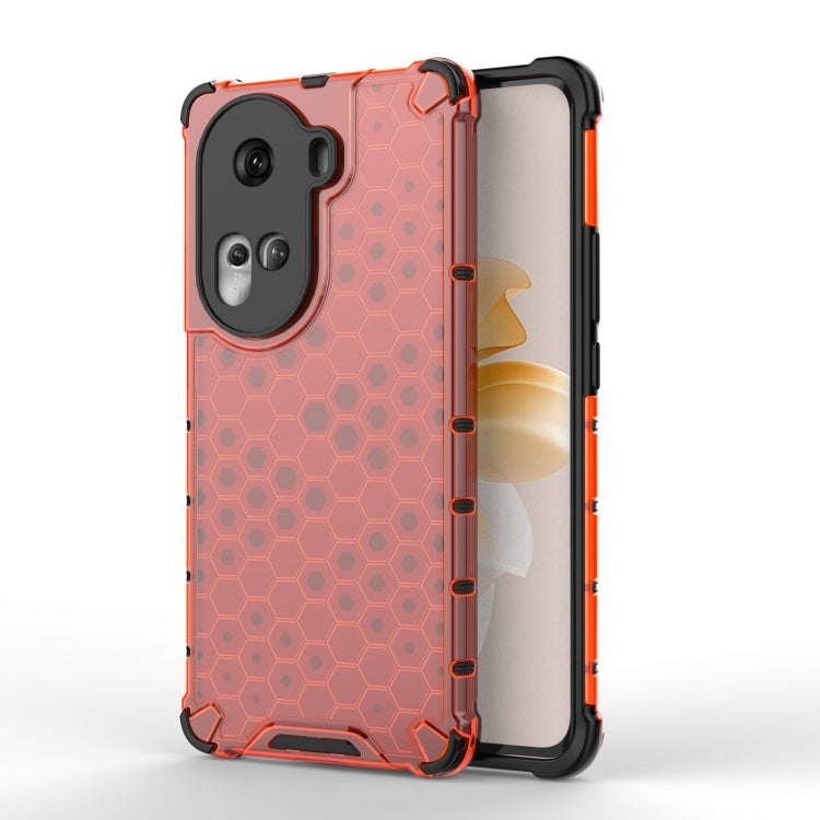 Honeycomb shockproof phone case in orange-red with black bumper, hex pattern and camera cutouts