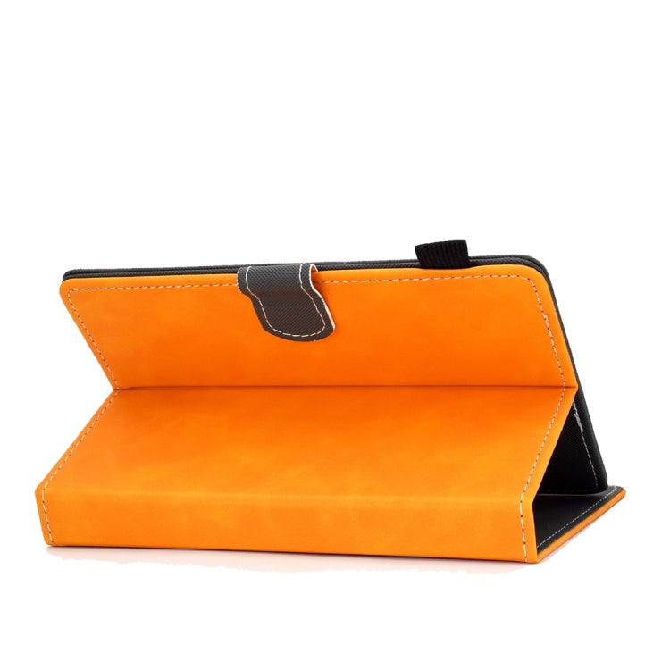 Orange tablet leather flip case open to a viewing stand with top handle strap
